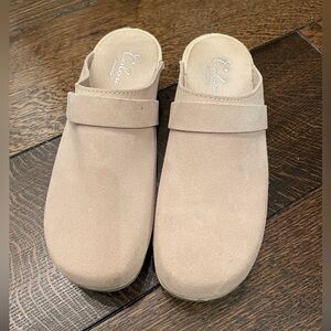 Beige Suede Slip-On Clog Mules